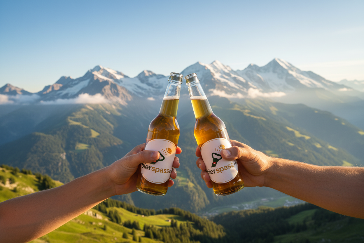 BierSpass Flaschen auf Schweizer Alpen